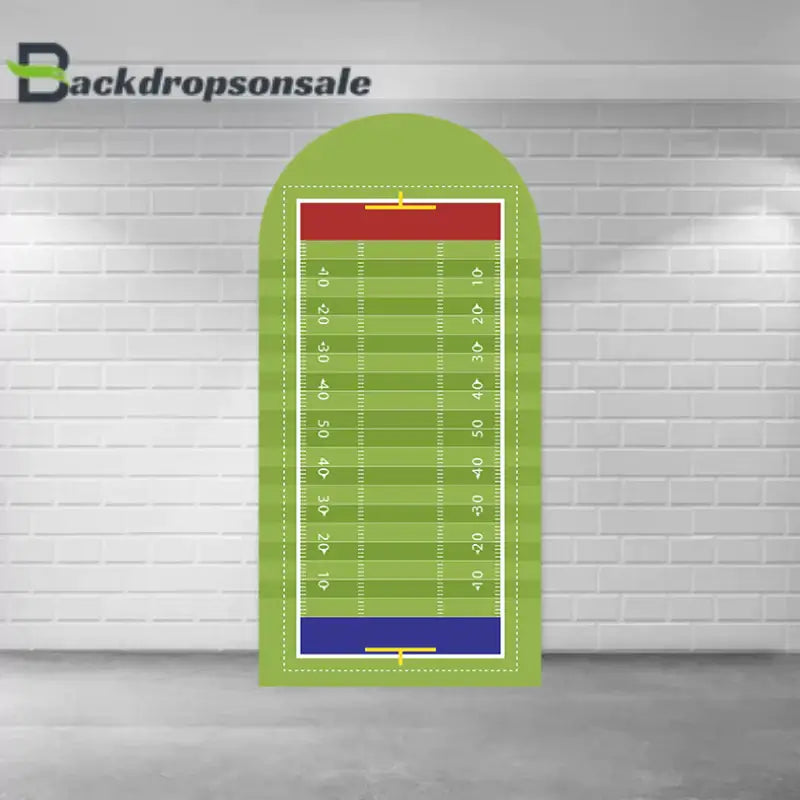 Left arch panel of the football backdrop set featuring a green football field design with yard markers and end zones.