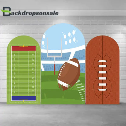 Football-themed arch backdrop set with three panels featuring a football field design, a stadium with a football and goalpost, and a close-up football design, perfect for sports parties and events.