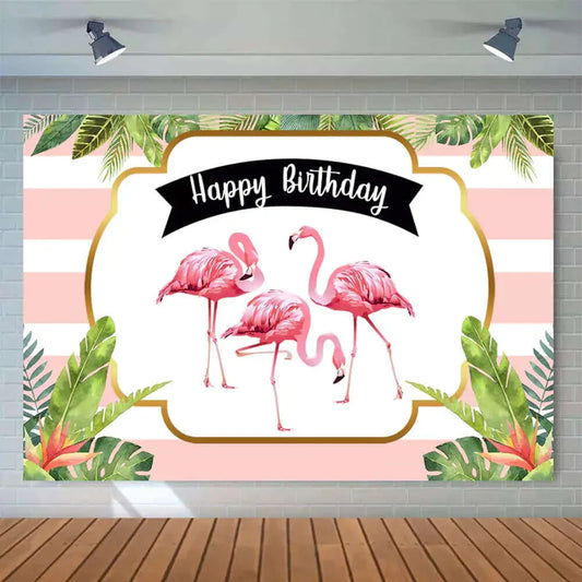 Forest Green Leaves Flamingo Birthday Backdrop