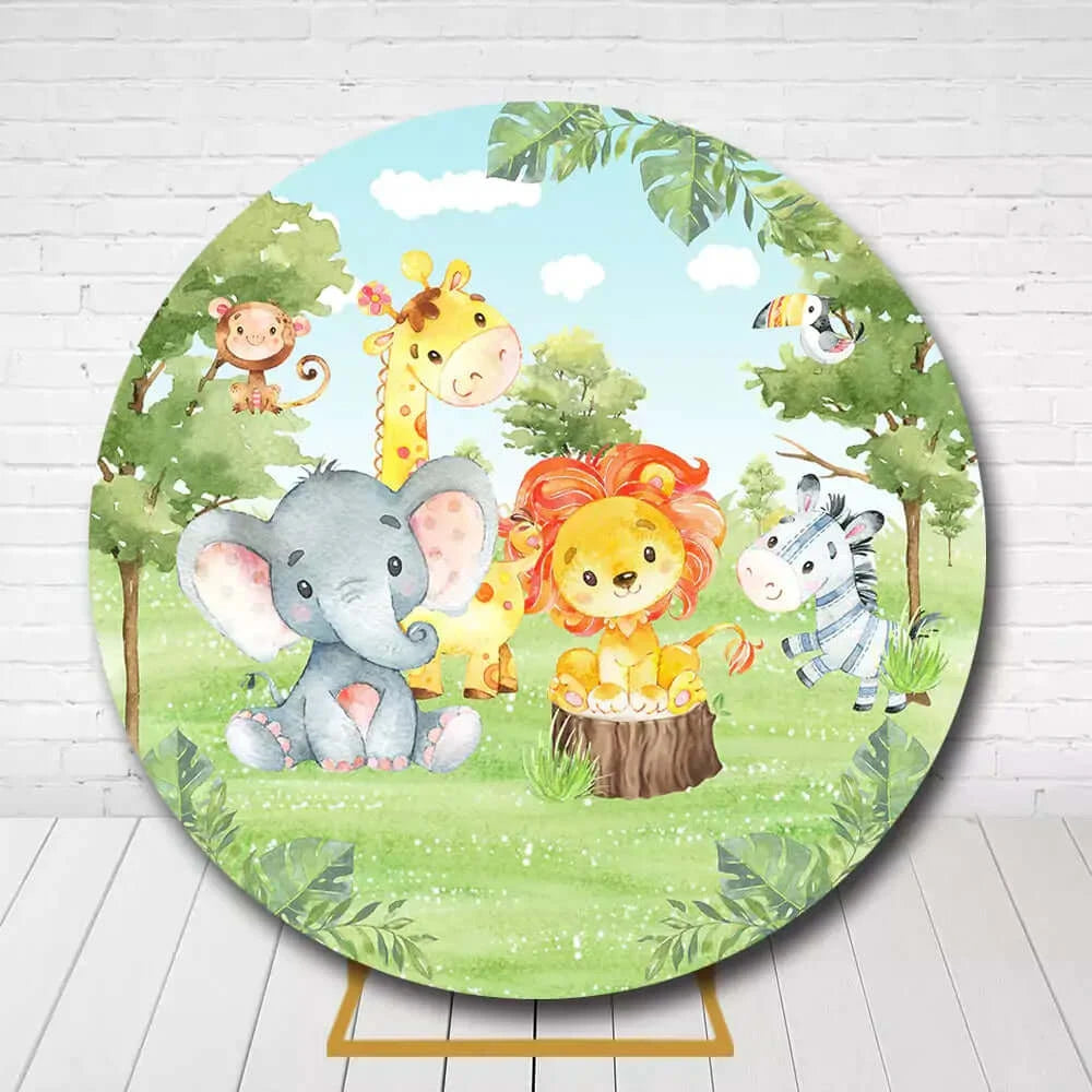 Forest Cartoon Animals Safari Jungle Theme Round Backdrop Cover