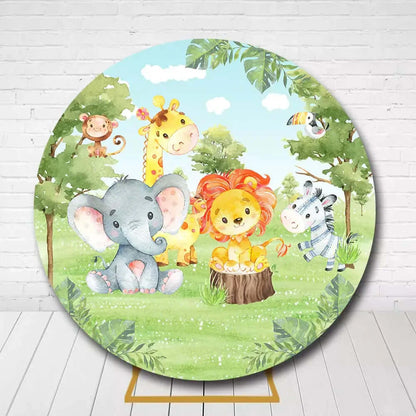 Forest Cartoon Animals Safari Jungle Theme Round Backdrop Cover