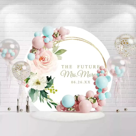 Floral future Mrs. backdrop with blush roses and gold accents