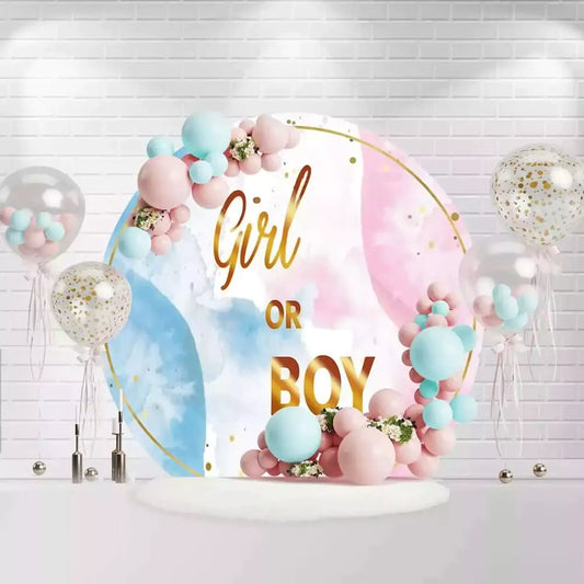 Gender reveal backdrop with a marble design and the words "Girl or Boy" in gold text surrounded by soft pink and blue hues