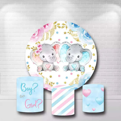 Baby Elephant Gender Reveal Boy Or Girl Round Backdrop and Cylinder Covers