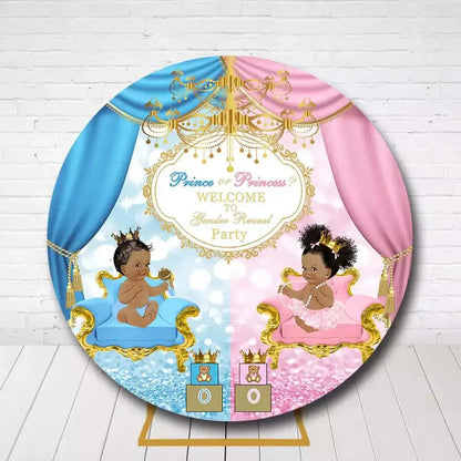 Elegant royal gender reveal backdrop with baby prince and princess on thrones, and "Welcome to Gender Reveal Party" sign