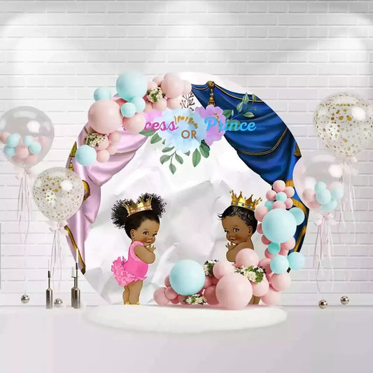 Round gender reveal backdrop with "Princess or Prince" theme, featuring baby girl and baby boy with crowns and colorful curtains