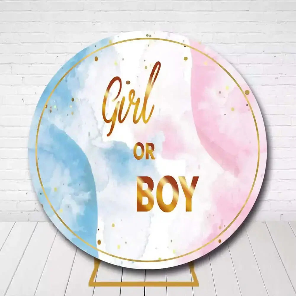 Elegant marble background gender reveal backdrop with "Girl or Boy" in golden font, featuring pink and blue watercolor shades