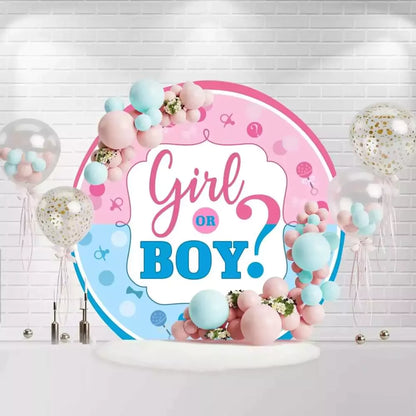 Round gender reveal backdrop with Girl or Boy text in pink and blue design