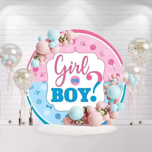 Round gender reveal backdrop with Girl or Boy text in pink and blue design