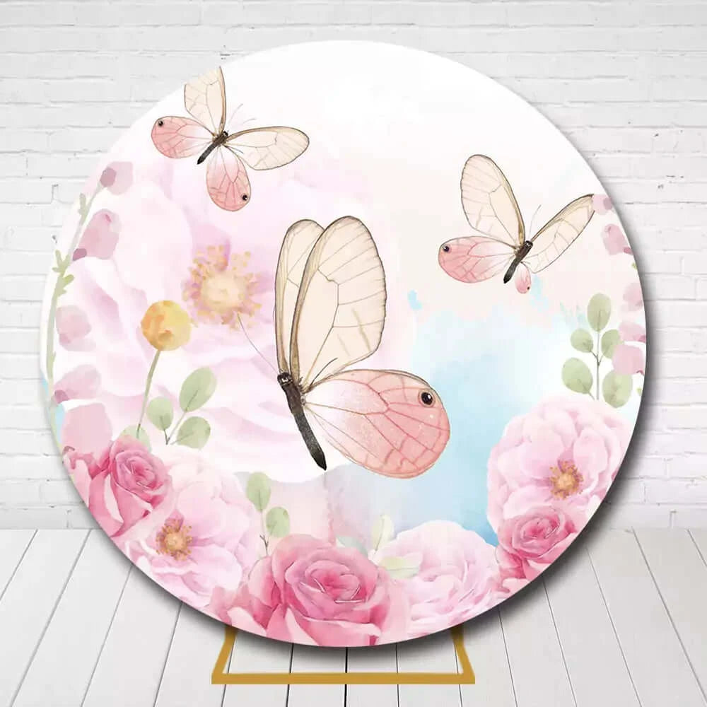 Pink Flowers Butterfly Theme Round Circle Backdrop Cover