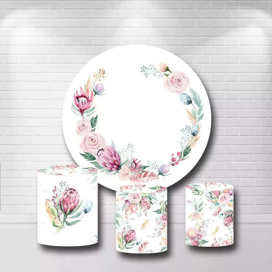  White Round With Floral Flowers Printing Round Backdrop and Plinth Covers