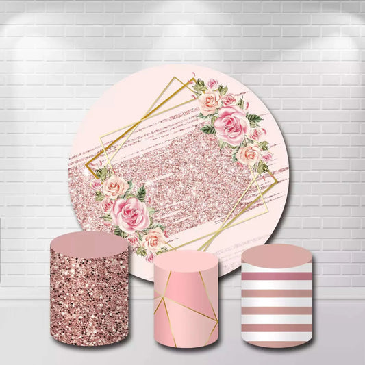 Flower Rose Gold Glitter Round Backdrop Cover and Cylinder Covers