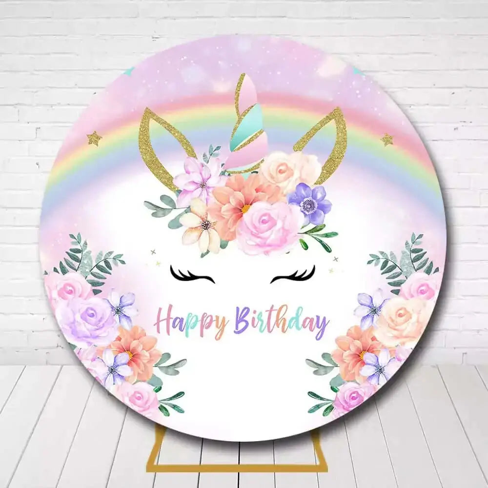 Colorful circle backdrop featuring unicorn design with flowers and rainbow for girls party