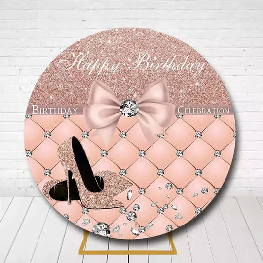 Elegant rose gold backdrop for birthday party with bow and glitter heels