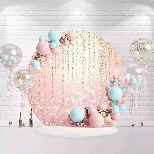 Round pink glitter backdrop with gold glitter strands for glamorous birthday or event
