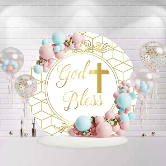 God Bless Cross Baptism Round Backdrop Cover