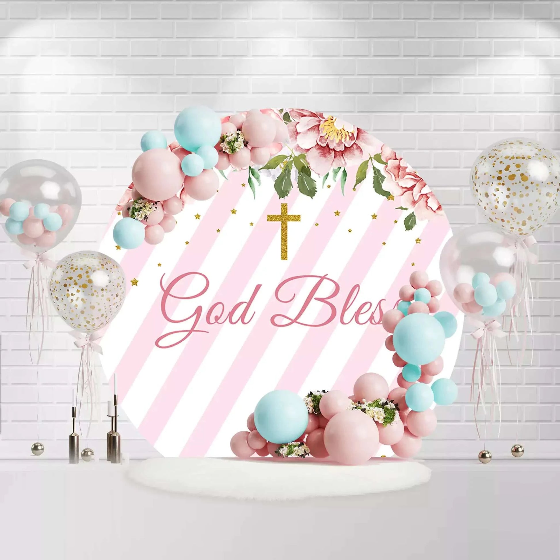 God Bless Girls Baptism Round Backdrop Cover