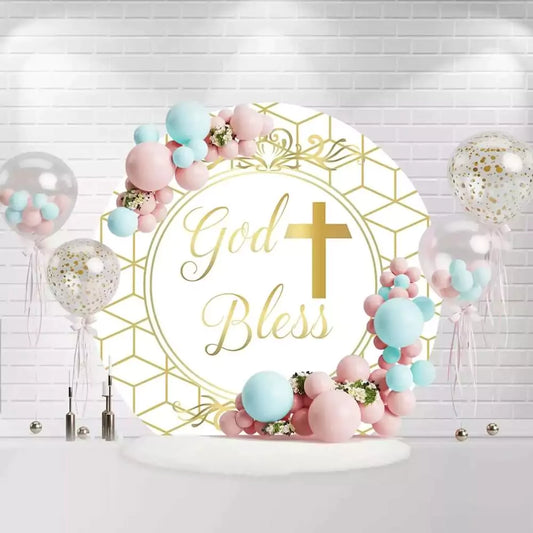 Round God Bless backdrop with golden cross and geometric border for baptism or communion