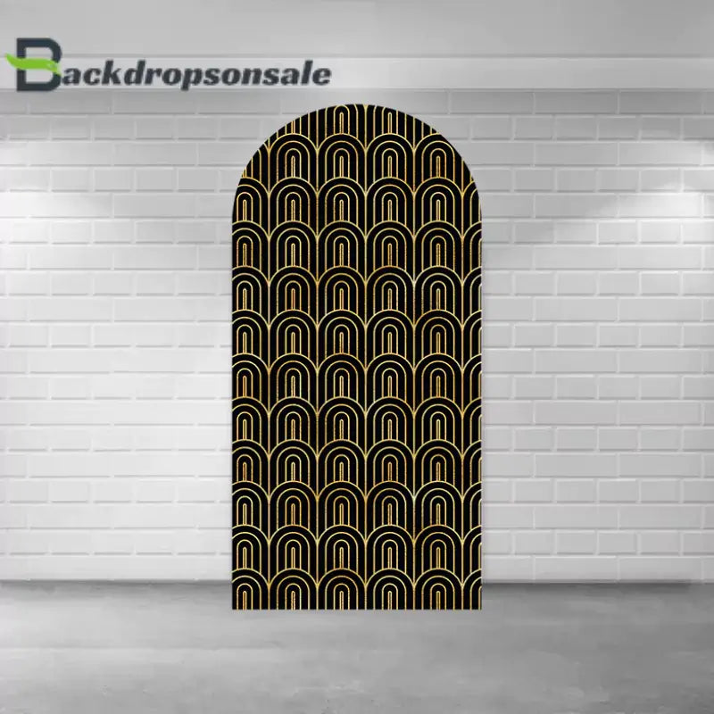 Left arch panel of the Art Deco backdrop set featuring gold and black geometric arch patterns.