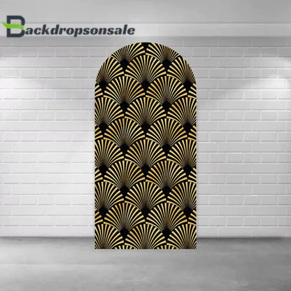 Right arch panel of the Art Deco backdrop set featuring a gold and black fan pattern design.