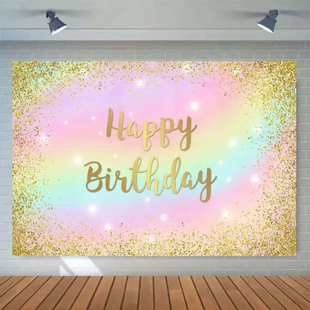 Gold Glitter Bokeh Rainbow Girls Happy Birthday Backdrop For Photography