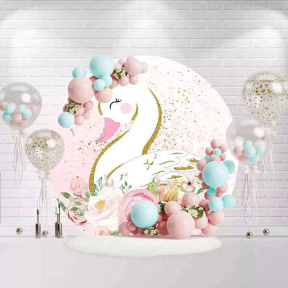 Elegant gold glitter swan round backdrop with pink floral design for birthday party