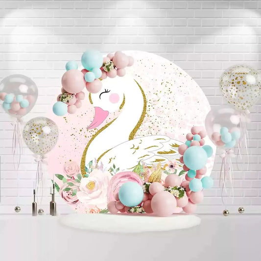 Elegant gold glitter swan round backdrop with pink floral design for birthday party