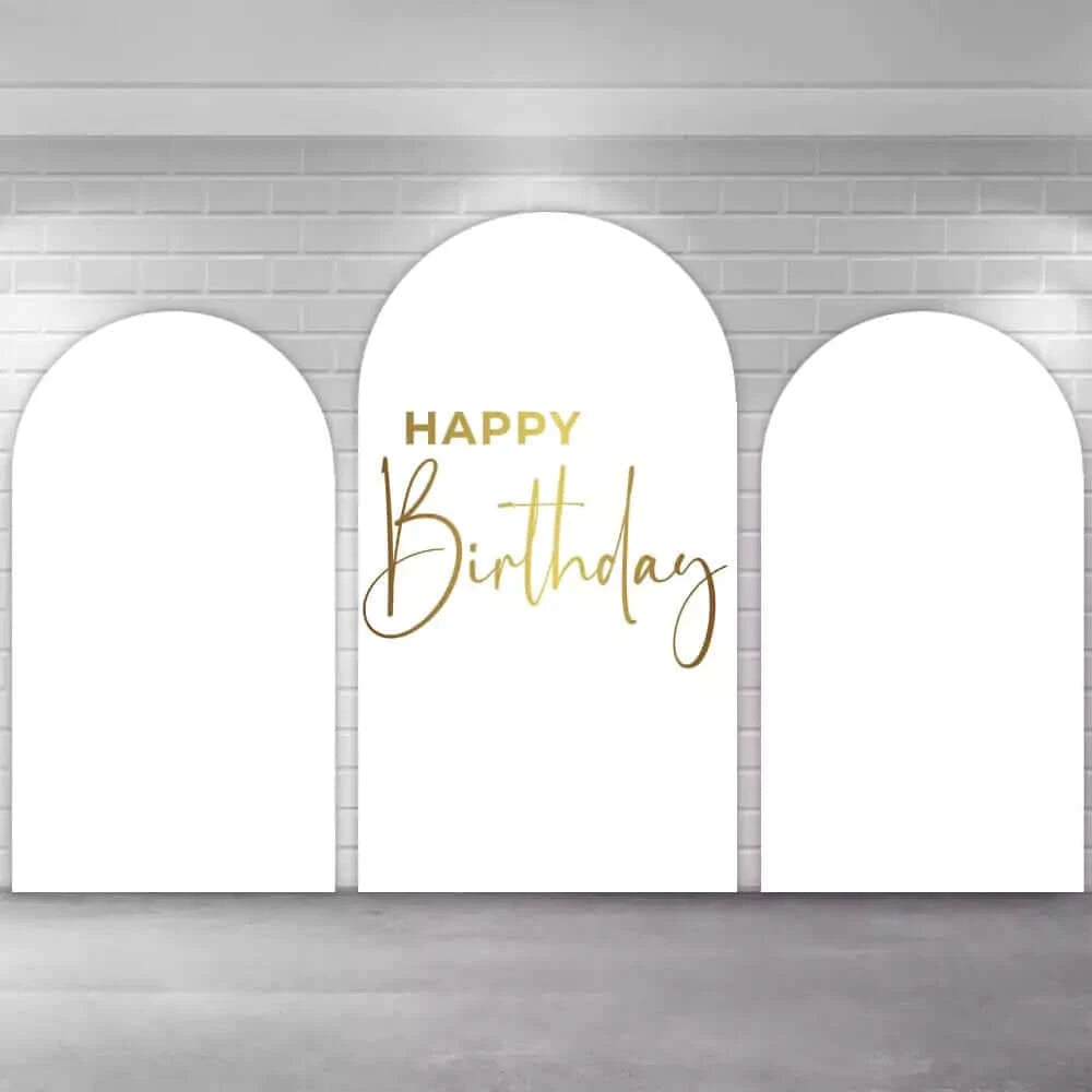 Gold Happy Birthday White Arch Backdrop Cover