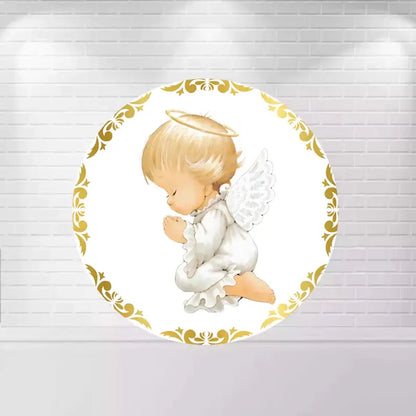 Golden angel themed baby shower round background