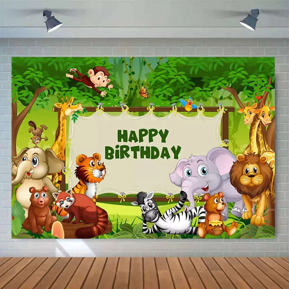 Green Forest Cartoon Animals Safari Jungle Happy Birthday Backdrop For Photography