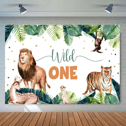 Green Leaves Animals Lion Tiger Boys Safari Jungle Wild One Birthday Party Background