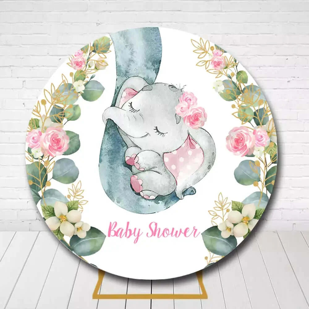 Green Leaves Baby Elephant Baby Shower Round Backdrop Cover