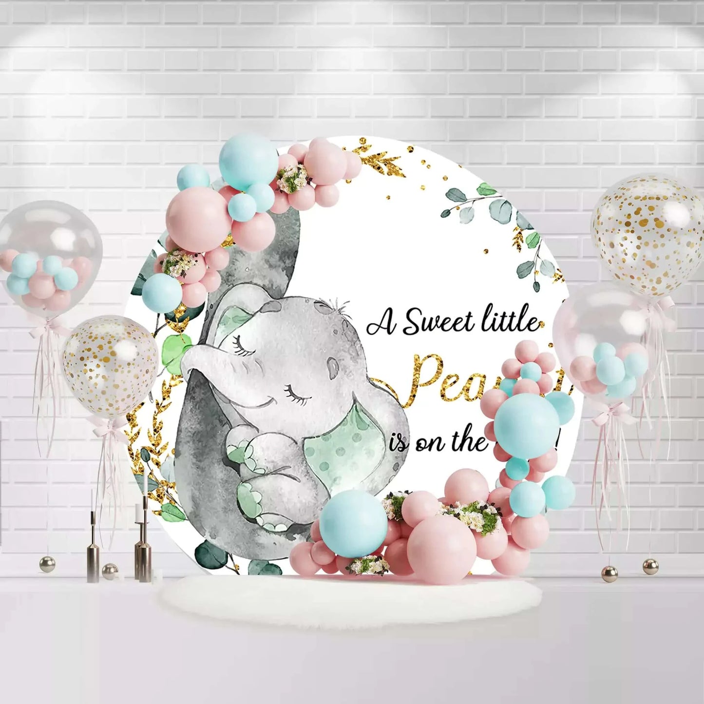 Grey Baby Elephant Baby Shower Round Backdrop Cover