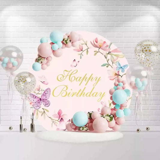 Happy Birthday floral backdrop with pink butterflies and gold text on a soft pink background