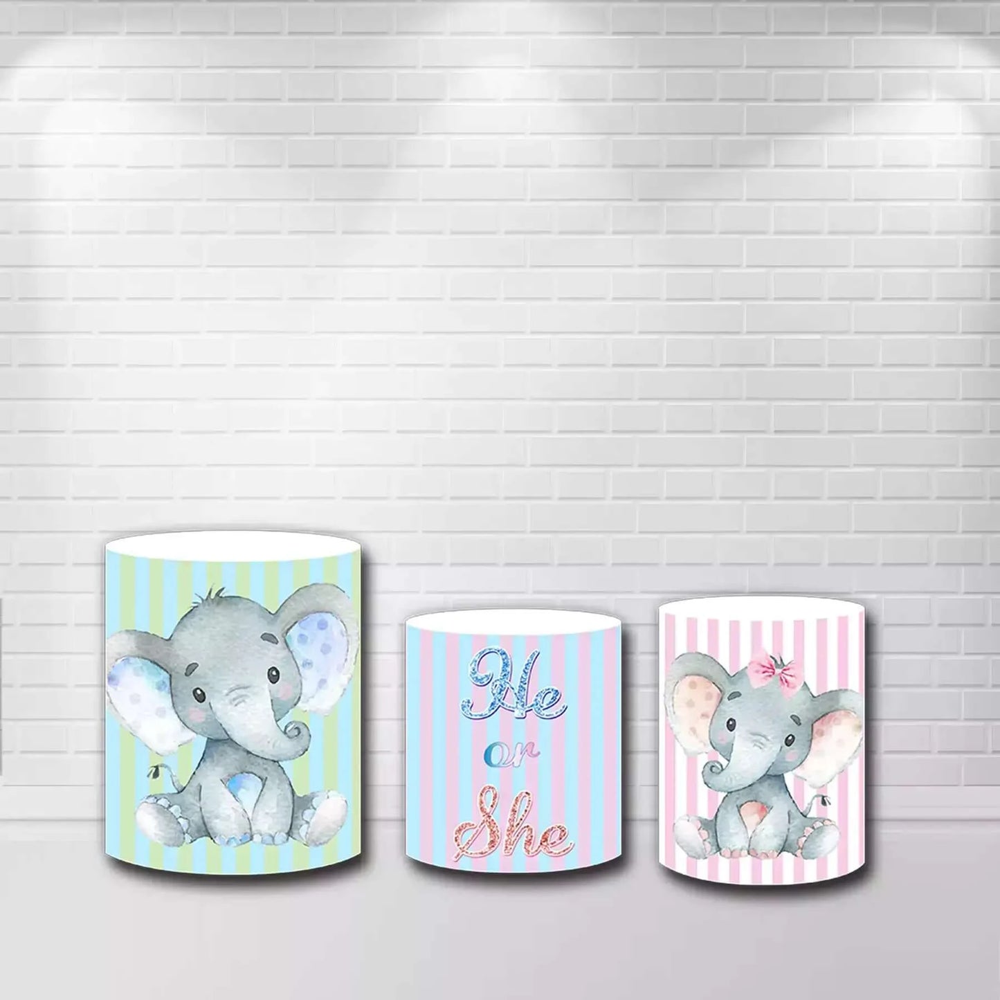 He Or She Elephant Theme Gender Reveal Party Banner Cylinder Covers Kit