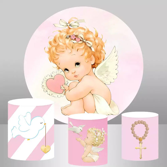 Angel-themed round backdrop with an adorable angel baby holding a heart, along with three matching cylinder covers featuring doves, an angel with a dove, and a rosary.