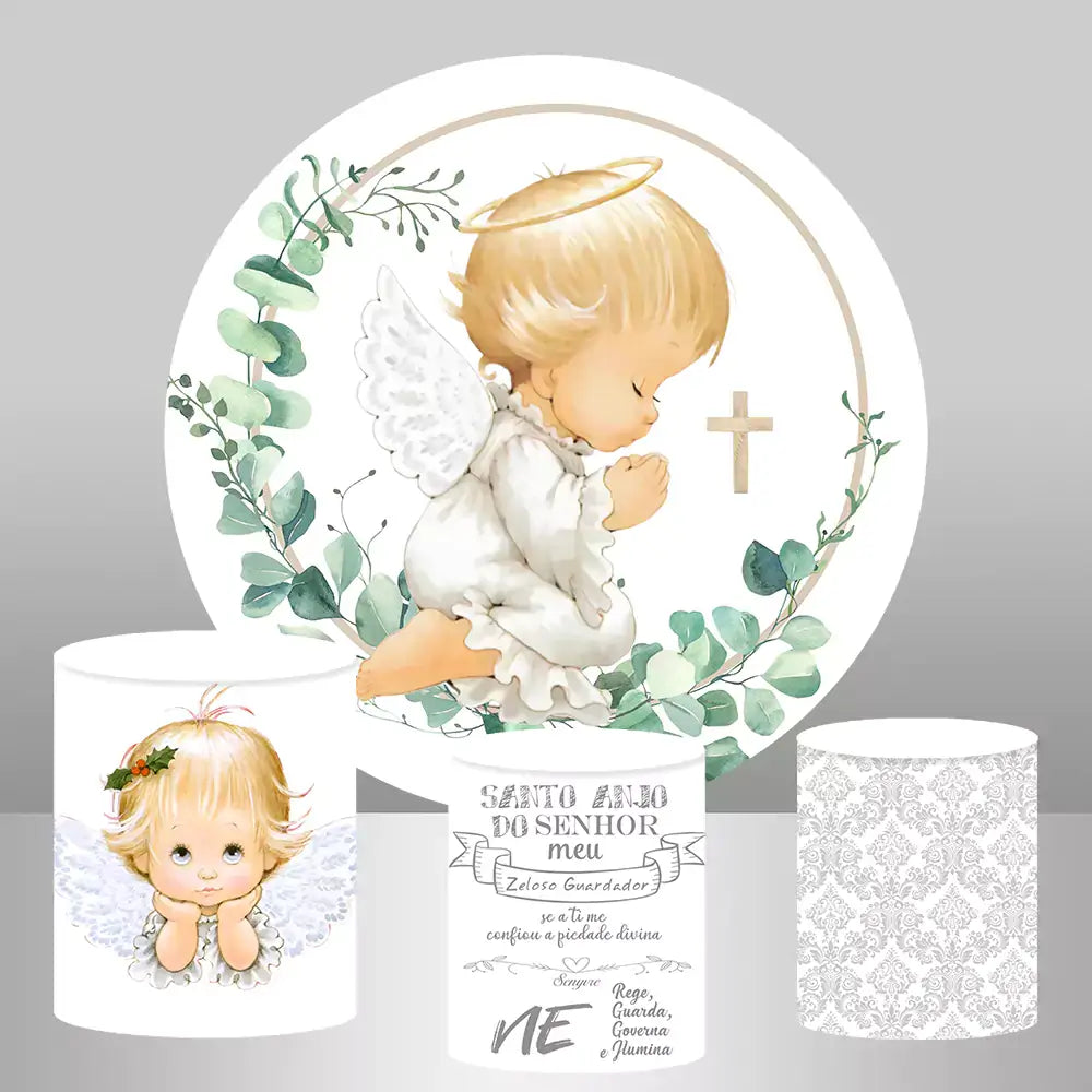 Heavenly angel themed baby shower set with round background and three decorative columns