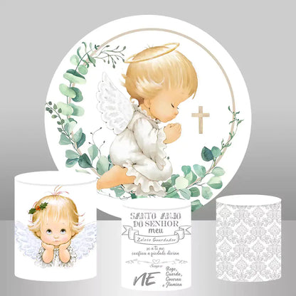 Heavenly angel themed baby shower set with round background and three decorative columns