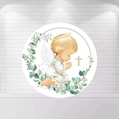 Circular baby shower backdrop with praying angel