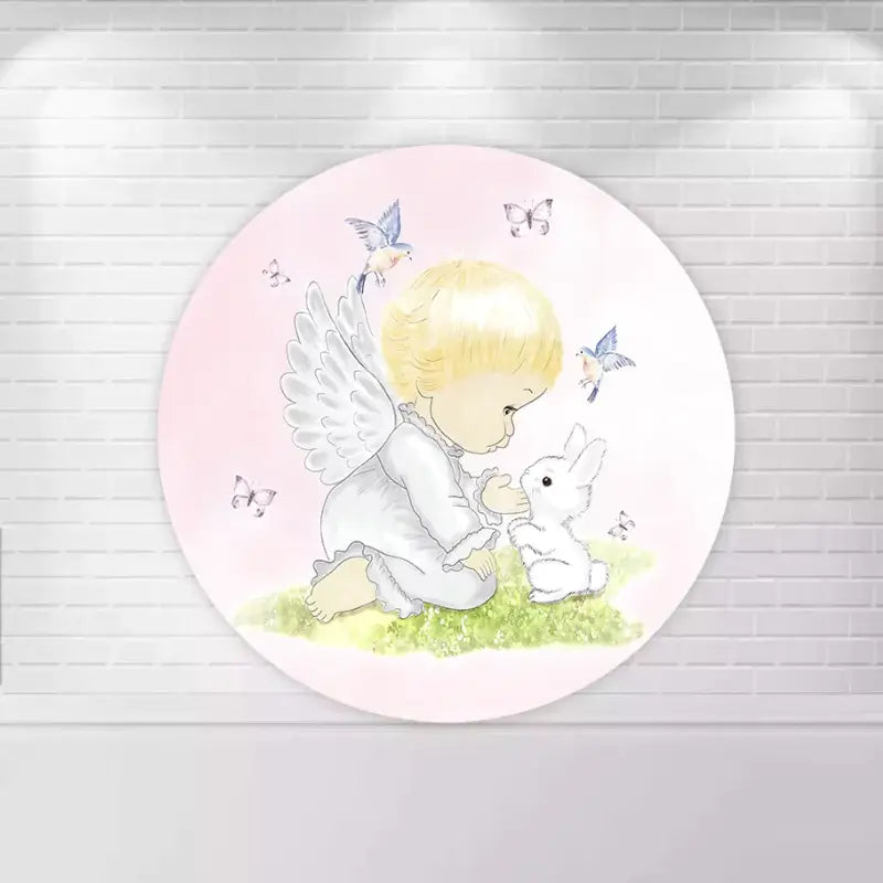 Round backdrop featuring an angel baby with a bunny, set against a soft pink background with butterflies and birds.