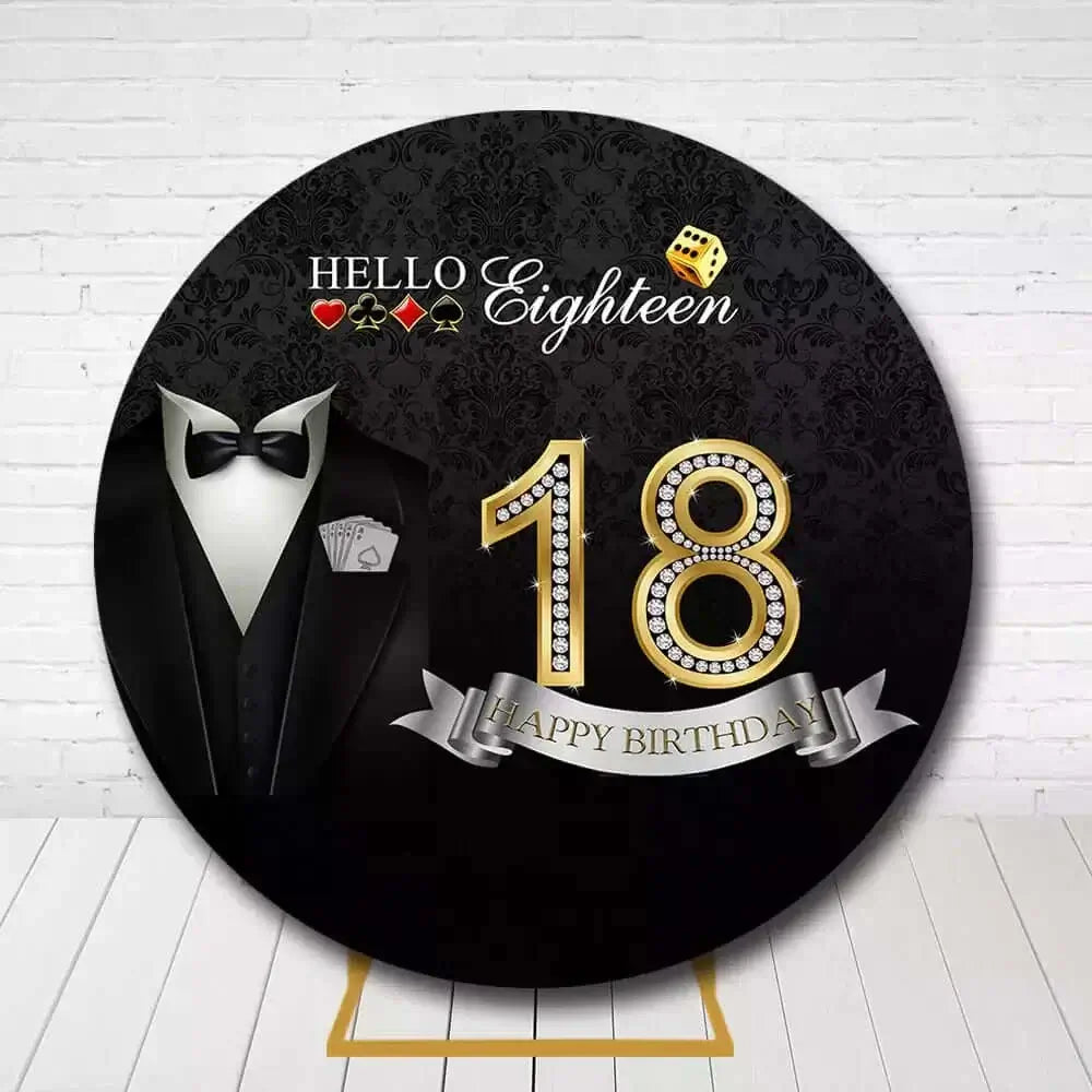 Elegant casino-themed 18th birthday backdrop with black tuxedo, dice, and sparkling '18'