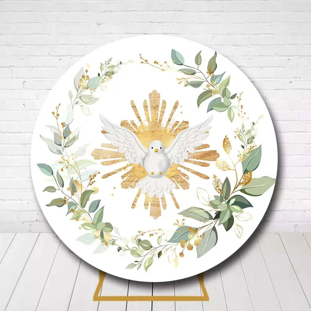 Elegant circle backdrop featuring a dove with golden accents for religious celebration