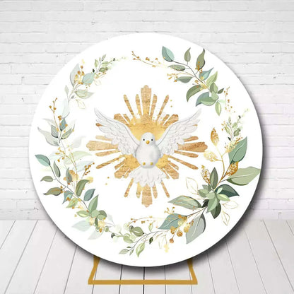 Elegant circle backdrop featuring a dove with golden accents for religious celebration