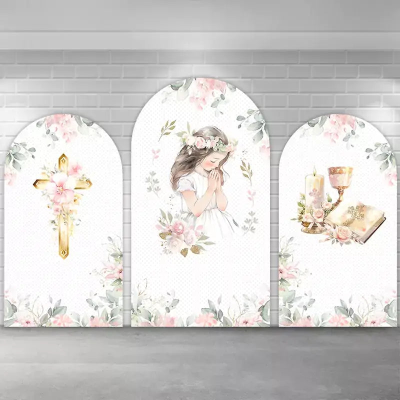Beautiful First Communion floral arch backdrop set including praying girl, cross, and chalice illustrations in pink and gold tones, designed for Catholic celebrations, photo booths, and event decorations.