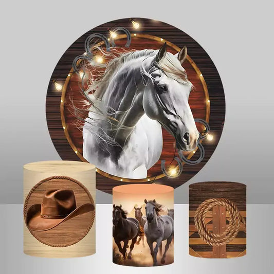 A rustic horse-themed party decor set featuring a round backdrop with a white horse, fairy lights, and horseshoes, paired with three cylinder covers showcasing a cowboy hat, galloping horses, and a rope wreath.