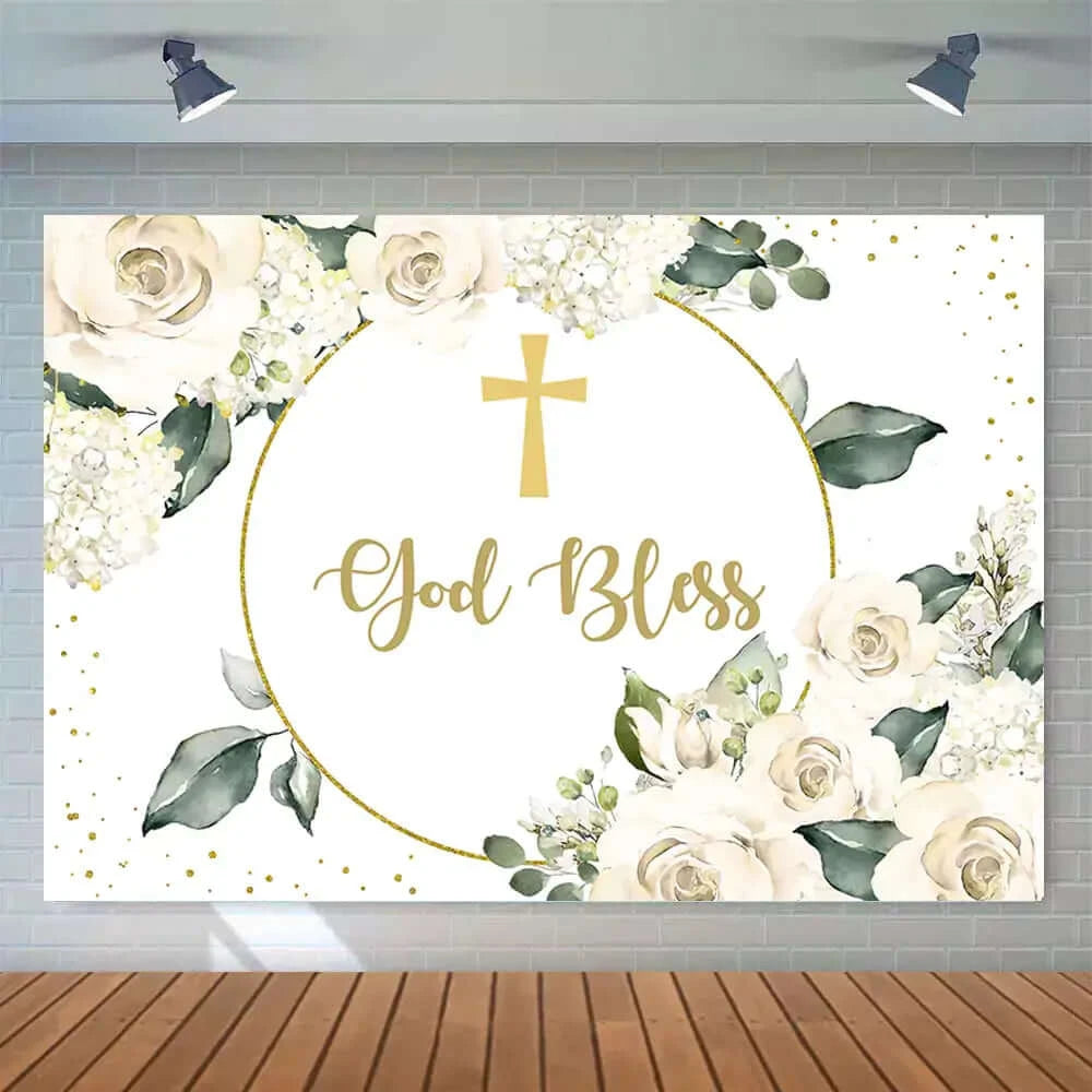 Ivory Flowers Glitter Dots God Bless Baptism Holy Communion Backdrop