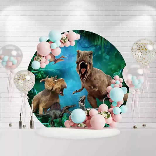 Round dinosaur backdrop with T-Rex, Triceratops, Velociraptors, and Pterosaurs in jungle
