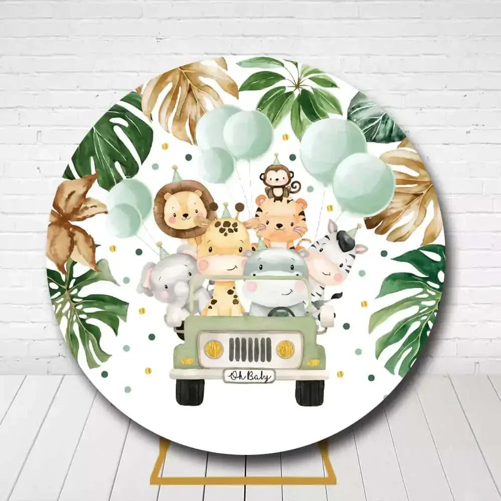 Round safari baby shower backdrop with jungle animals in a jeep and balloons