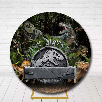 Jurassic style circle backdrop featuring dinosaurs and stone emblem for kids party