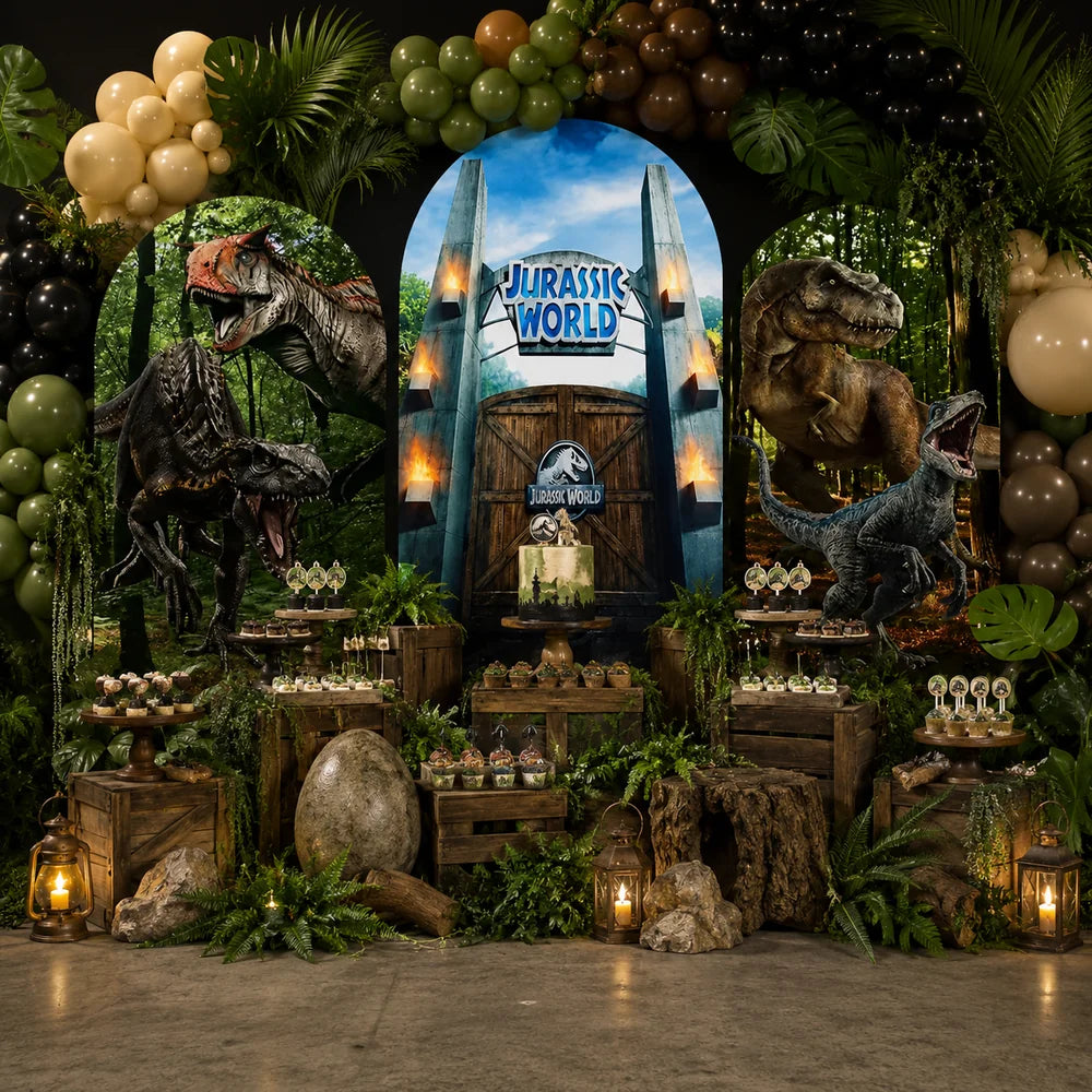Jurassic World dinosaur party set with three arch backdrop covers featuring the park gate, jungle dinosaurs, T. rex and velociraptor scenes.